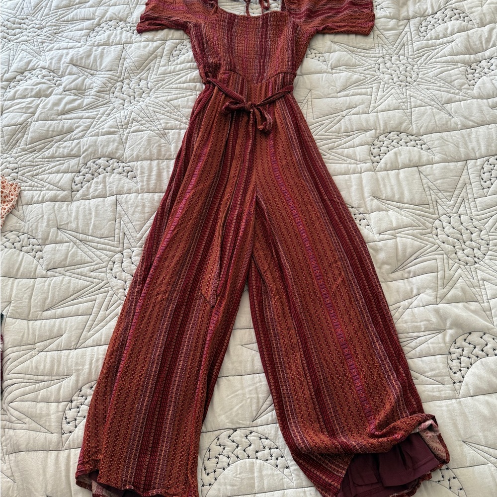 Womens Red Multi-Stripe Knit Jumpsuit with Tie Back - Picture 11 of 13